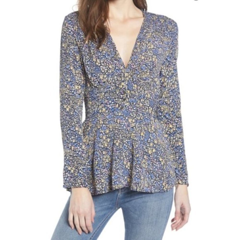 Leith Floral Flower Smocked Detail V-Neckline Peplum Babydoll Blouse Top Small